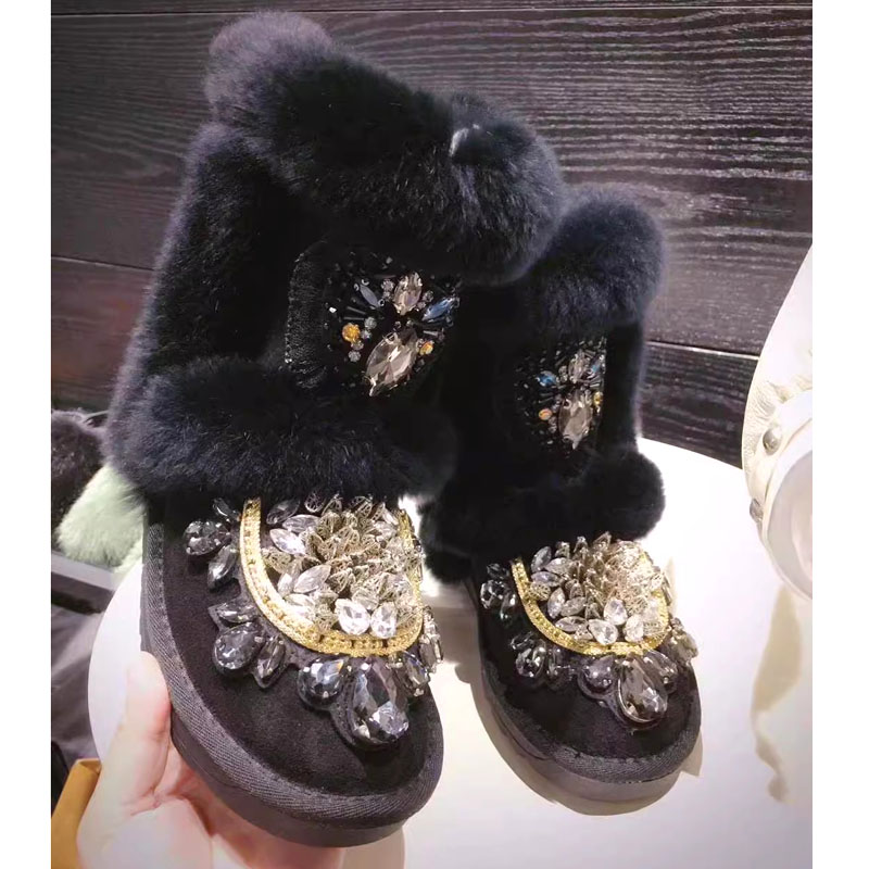 Sew On Rhinestone - Зимние сапоги из кроличьего меха с